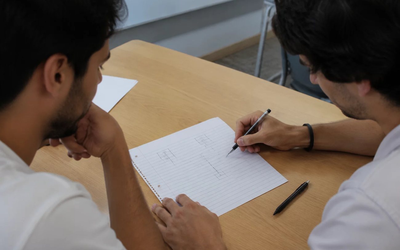 Participantes revendo apontamentos num tablet apoiado sobre a mesa durante o intervalo